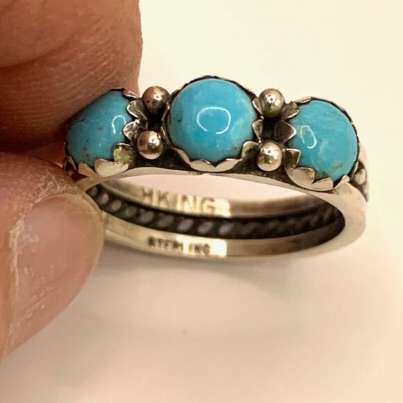 Three Stone Turquoise Navajo Sterling Silver 925 Unisex Ring R King Sz 9.25 J799 - Picture 7 of 7